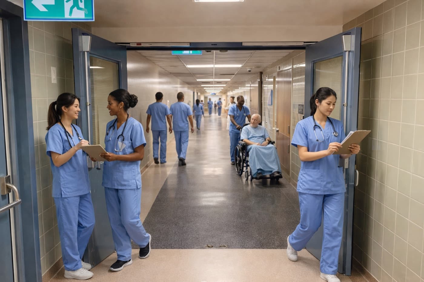 Healthcare staff working in a hospital corridor environment.